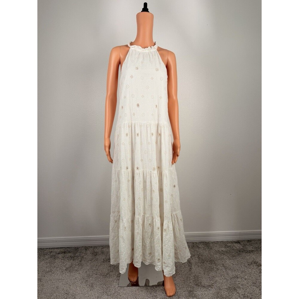 Just Me Cream Eyelet Halter Maxi Dress Tiered Lined  Cotton